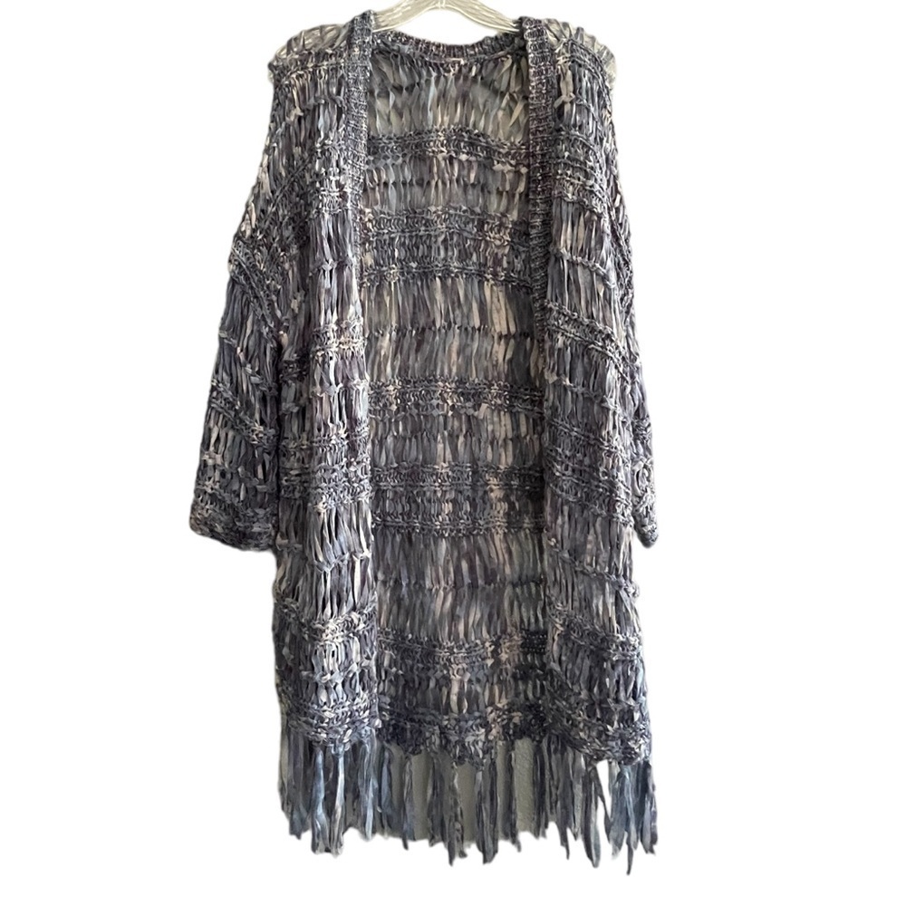 Chicos 1 Sweater Womens Blue 3/4 Sleeve Fringe Open Knit Cardigan Blue Size M